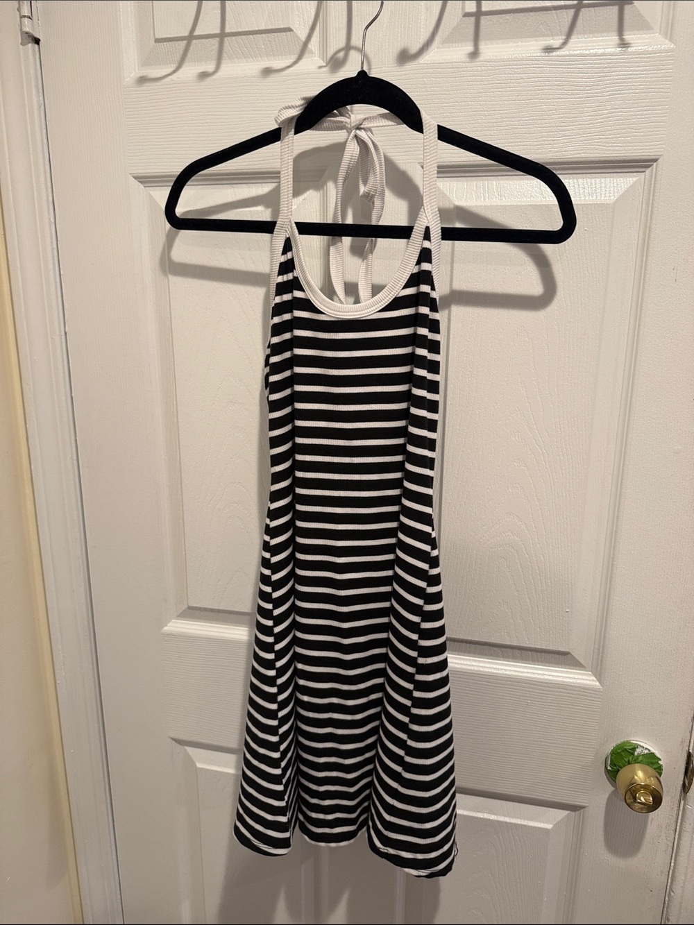 See You Monday - Black & White Striped Halter Dress